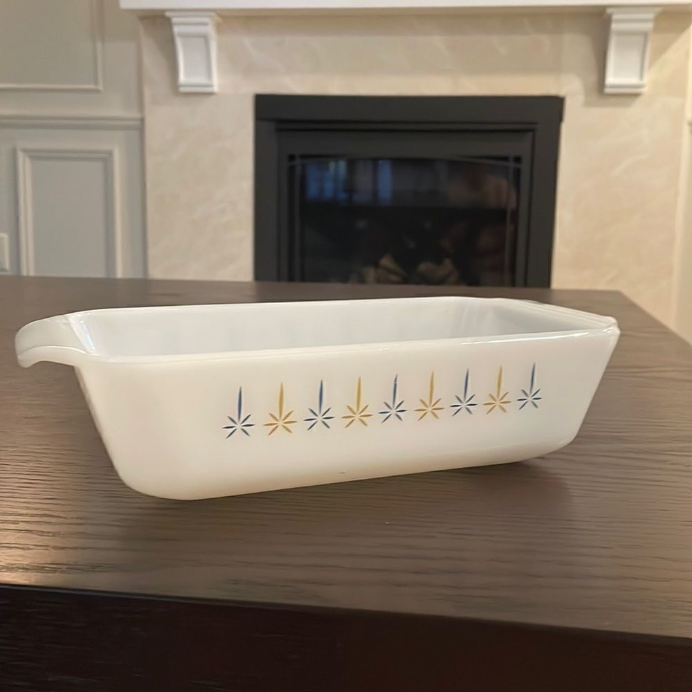 Vintage Fire King Starburst Atomic Loaf Pan Casserole Dish Mid Century Modern